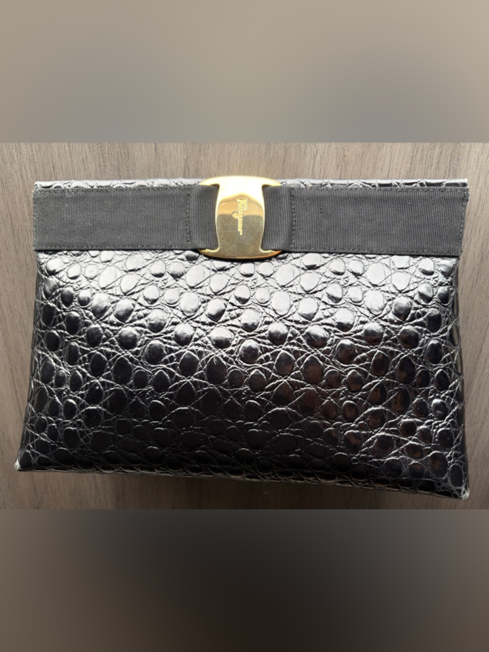 Salvatore Ferragamo Black Croc-Embossed Leather Clutch with Gold Tone Logo